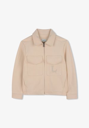 Beige lynlåsjakke med to frontklaplommer, krave, lange ærmer og subtilt præget "Lanvin"-logo på venstre lomme.
