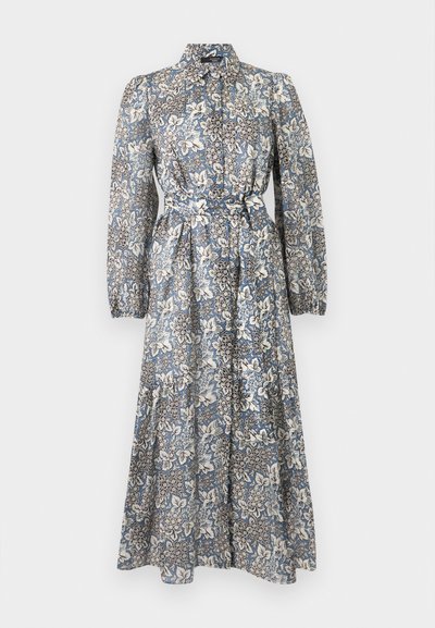 Midi φόρεμα με μακριά μανίκια και γιακά, μπλε και λευκό floral μοτίβο, μπροστινά κουμπιά, ελαστικά μανσέτες και ζώνη στη μέση.