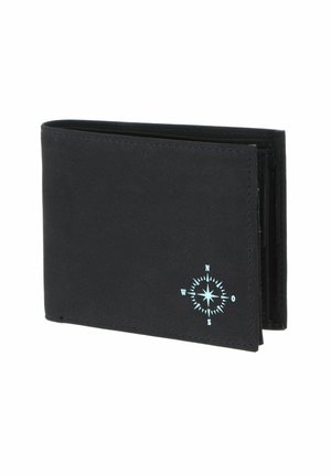 Portefeuille bifold noir avec un symbole de rose des vents bleu clair dans le coin inférieur droit, montré partiellement ouvert sur fond blanc.