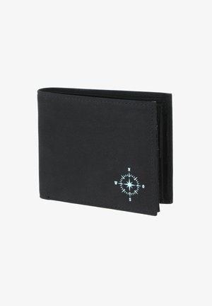 Portefeuille bifold noir avec un symbole de rose des vents bleu clair dans le coin inférieur droit, montré partiellement ouvert sur fond blanc.