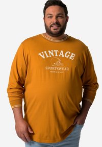 Langärmliges Senfgelb T-Shirt mit weißem, vintage Sportbekleidungs-Graphic, ausgestattet mit Rundhalsausschnitt und gestreiften Akzenten an den Bündchen.