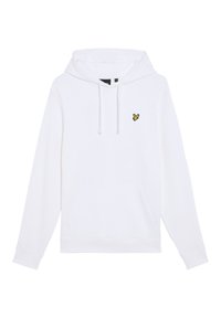 Felpa bianca in cotone, con tasca frontale a marsupio, cappuccio con lacci e un piccolo logo di un uccellino giallo ricamato sul lato sinistro del petto.