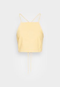 Top crop amarelo com decote quadrado, tiras finas ajustáveis e cordão na barra. Tecido suave com um design minimalista.