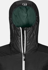 Schwarze isolierte Jacke mit hohem Kragen und Kapuze. Hat ein grünes Futter, weißen Reißverschluss und ein gestepptes Muster auf der Außenschicht.