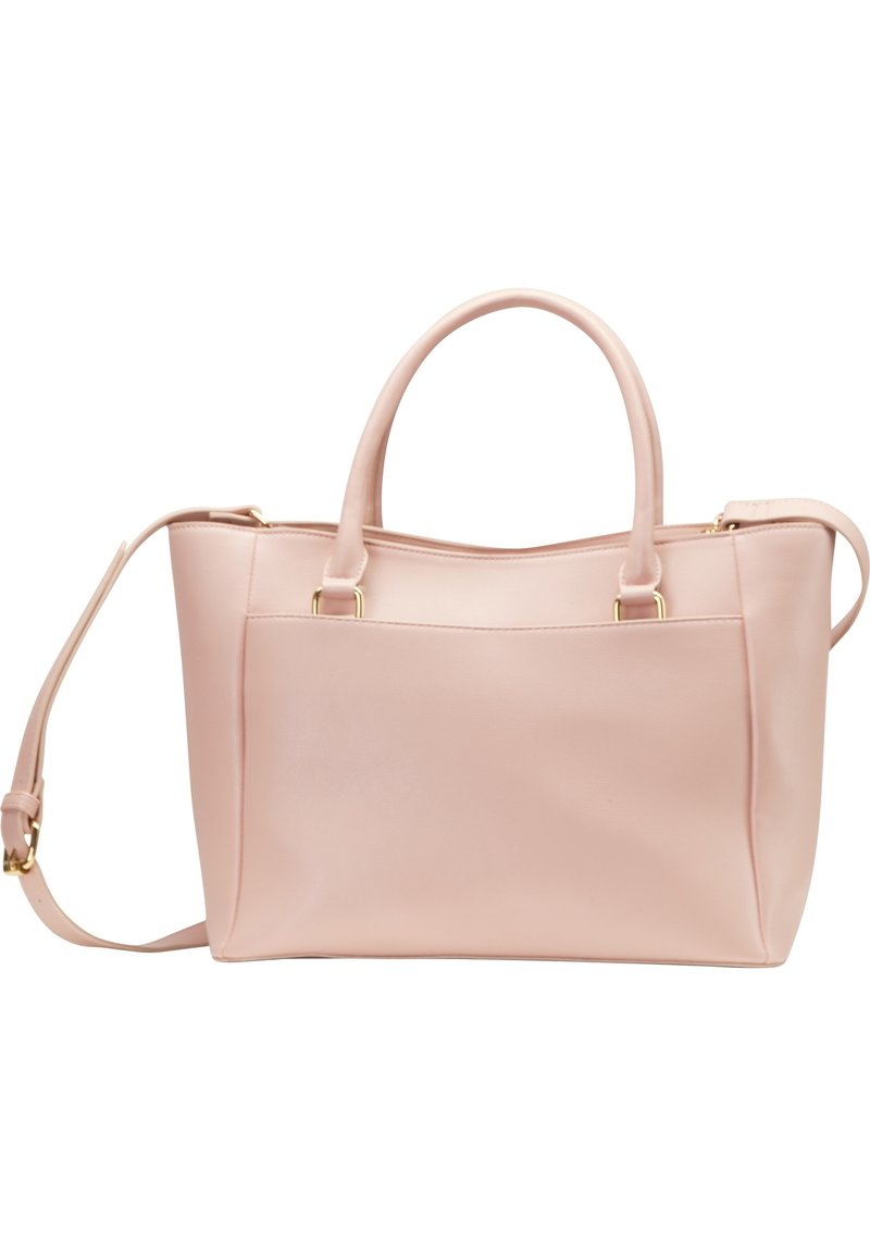 Sac fourre-tout en cuir rose avec deux poignées et une bandoulière amovible. Présente une texture lisse et des accents métalliques dorés.