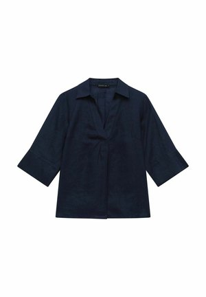 Marineblauwe linnen shirt met een notch-kraag, driekwart mouwen en een ontspannen pasvorm. Bevat een centrale naad aan de voorkant.