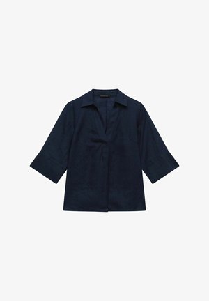 Marineblauwe linnen shirt met een notch-kraag, driekwart mouwen en een ontspannen pasvorm. Bevat een centrale naad aan de voorkant.