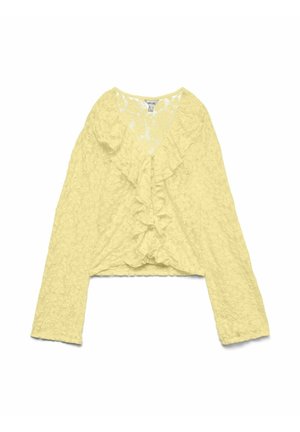 Gelbe lange mouwen kant blouse met V-hals en ruches langs het midden van de voorkant.