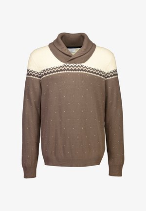 Brauner Pullover mit cremefarbenem Einsatz, ausgestattet mit einem Wasserfallausschnitt, geometrischem Muster und strukturiertem Stoff mit kleinen weißen Punkten überall.