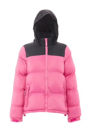 Pink dunjakke med sort hætte og øvre brystområde, frontlynlås, to sidelommer og justerbare manchetter med velcroremme.