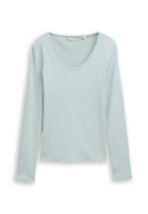 Long-sleeve top in light blue, made of ribbed fabric. Features a wide round neckline and a fitted silhouette with straight-cut hem.