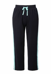 Granatowe spodnie dresowe z elastycznym paskiem ze sznurkiem, z jasnoniebieskimi paskami po bokach, wykonane z miękkiego materiału, o prostym kroju nogawek.