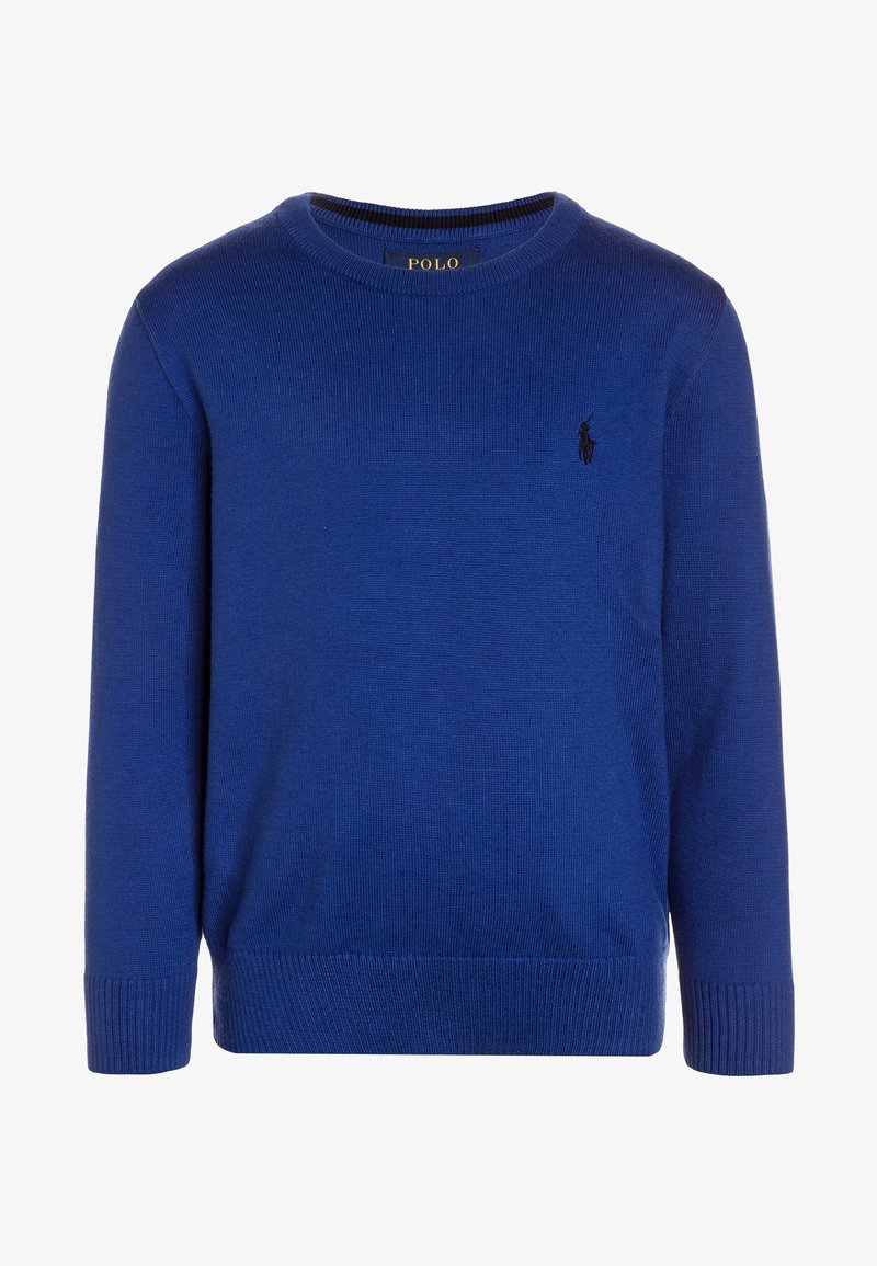 Maglione lavorato a maglia blu, collo a giro, maniche lunghe. Presenta polsini e orlo a coste. Piccolo logo nero sul petto. Texture liscia in tutto il capo.