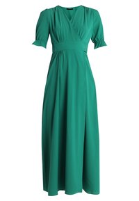 Vestido verde envolvente con mangas cortas abullonadas, escote en V y cintura fruncida. Hecho de una tela suave, presenta una falda larga y fluida.