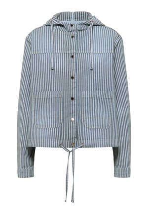 Veste à capuche rayée verticalement bleu et blanc avec boutons-pression sur le devant, deux poches plaquées et cordons à la capuche et à l'ourlet.