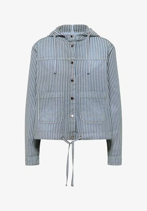 Veste à capuche rayée verticalement bleu et blanc avec boutons-pression sur le devant, deux poches plaquées et cordons à la capuche et à l'ourlet.