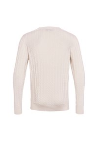 Pull blanc à manches longues en maille torsadée vu de dos, avec un col rond et des poignets et un ourlet côtelés.