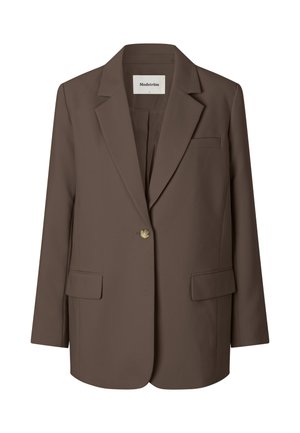 Brown single-button blazer with notch lapels, two front flap pockets, and one chest welt pocket, labeled Modström, size S.