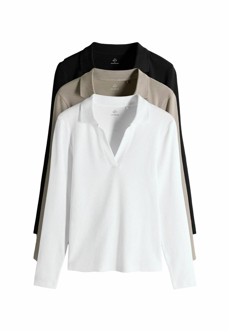 Trzy długie koszule polo z długim rękawem w kolorach białym, beżowym i czarnym, z prążkową fakturą i dekoltem w serek.