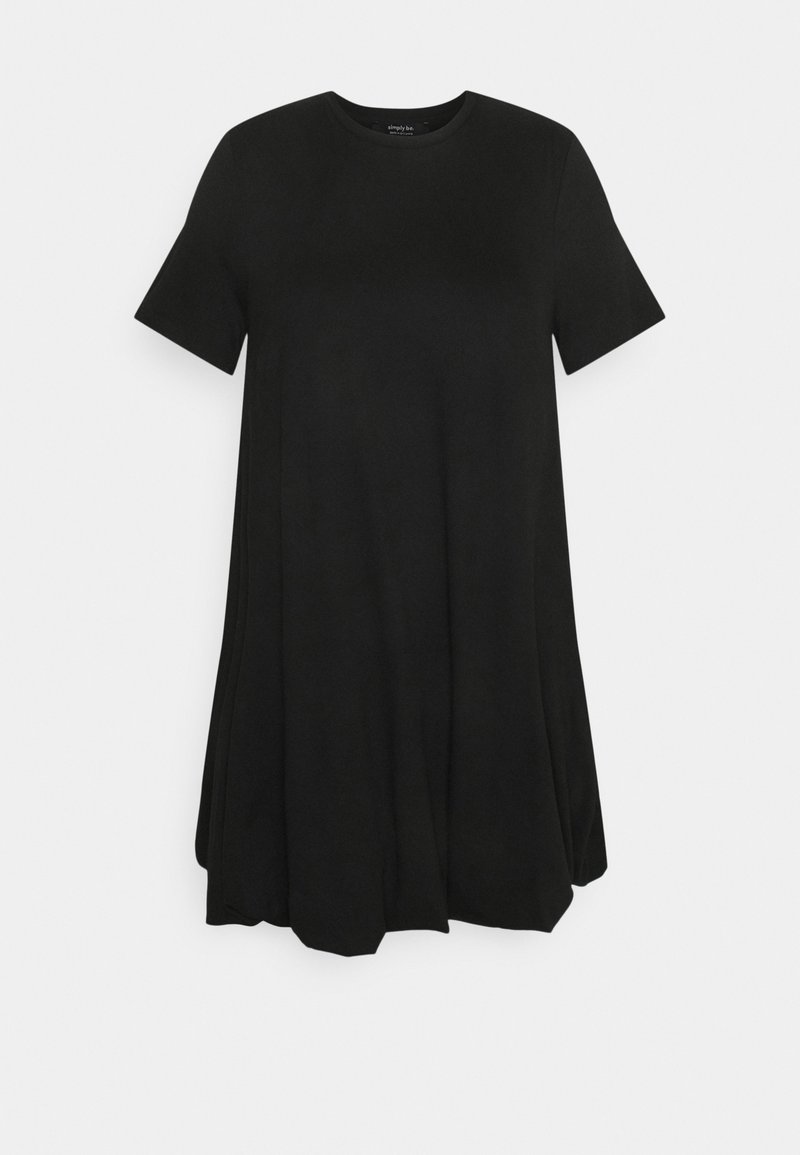 Robe noire ample à manches courtes, avec encolure ronde et ourlet évasé, présentée sur un fond gris clair uni.