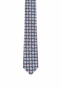 Navy tie featuring a repeating floral pattern with pink and blue accents. Made of smooth fabric with a pointed tip and narrow design.