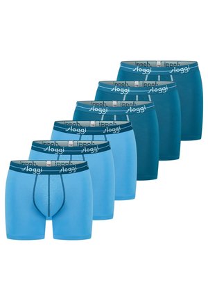 Zes paar herenboxershorts in verschillende blauwtinten, gerangschikt in twee rijen met het "sloggi"-logo op de tailleband.