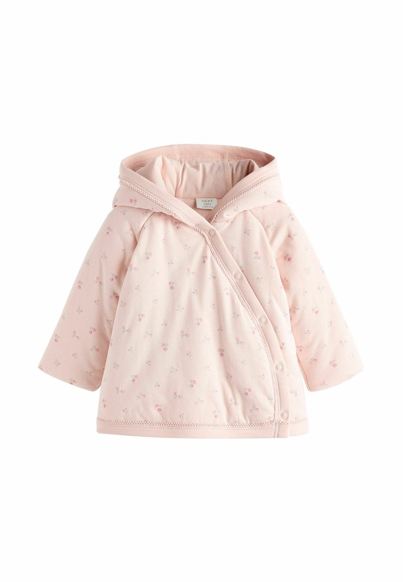Veste à capuche à motif floral rose, fabriquée en tissu doux. Dotée d'une fermeture à pression et de manches longues avec une texture lisse.