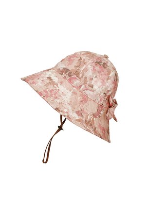 Lyserød og beige camouflagemønstret hat med bred skygge, hagerem og dekorativ sløjfe bagpå