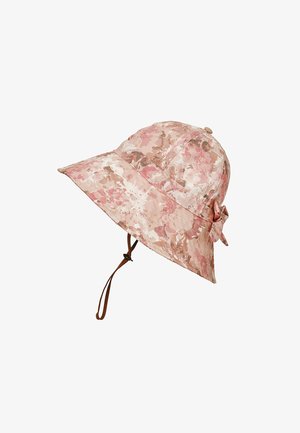 Pink and beige camo-patterned wide-brim hat with chin strap and decorative bow at the back