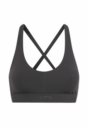 Top sportivo nero con scollo a U, spalline incrociate sul retro e logo discreto sulla fascia. Realizzato in tessuto liscio ed elasticizzato.