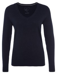 Marinblå v-ringad tröja i mjukt stickat material; har långa ärmar, ribbade manschetter och en tät passform med en enkel, odekorerad design.
