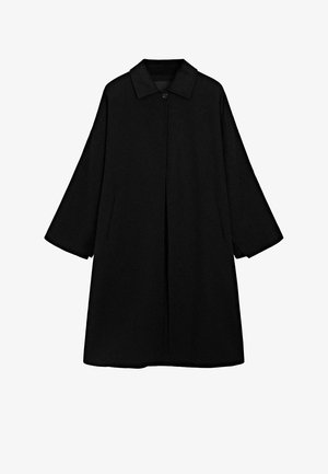Black long coat with wide sleeves, single-button collar closure, and hidden front placket, featuring two side pockets and a straight hem.