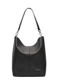Schwarze Ledertasche mit glatter Textur, abgerundetem Oberteil und einem Trageriemen. Verfügt über eine Naht in der Mitte und das Markenlogo an der Unterseite.