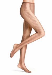 Hautfarbene, gemusterte Strumpfhosen mit einem Zickzackdesign an den Seiten, semi-transparentem Stoff und einem glatten Bund für Komfort.