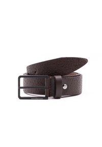 Cintura in pelle marrone con motivo circolare impressa, dotata di una fibbia quadrata in metallo nero e di un bottone a pressione vicino alla fibbia.