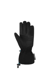 Schwarze Handschuhe mit Lederhandfläche und Stoffrücken. Verfügt über einen elastischen Bund mit Kordelzug zur Anpassung. Glatte Textur und enger Sitz.