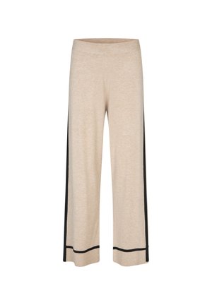 Beige cropped broek met een elastische tailleband, voorzien van zwarte zijstrepen en zwarte afwerking aan de zoom. Zachte, gestructureerde stof.