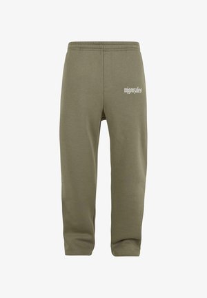 Olive green sweatpants in a soft fabric with a relaxed fit. Features an elastic waistband and side pockets, with "mijgonzales" printed on the side.