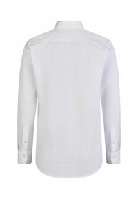 Witte lange mouwen shirt met een klassieke kraag, voorzien van knoopsels aan de manchetten en een gladde, textuurstof. Achteraanzicht toont gestikte naden.