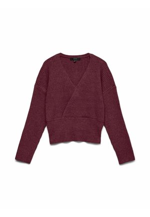 Pull court à manches longues en maille côtelée couleur mauve foncé avec un col en V croisé et une coupe décontractée, posé à plat sur un fond blanc.