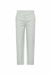 Pantaloni dritti grigio chiaro realizzati in tessuto di cotone morbido. Presentano una chiusura con zip e passanti per cintura, senza motivi o accenti visibili.