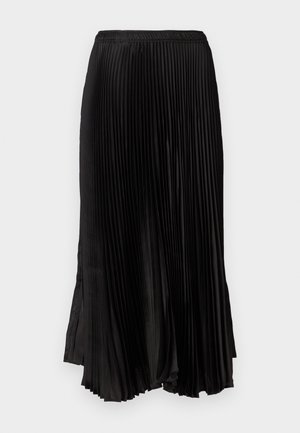 Black pleated skirt featuring a flowy silhouette, elastic waistband, and smooth texture, extending to mid-calf length with side slits.