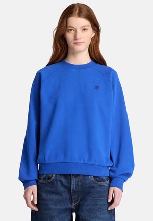 Kvinde med langt rødt hår iført en blå sweatshirt og blå jeans, der står mod en ensfarvet baggrund.