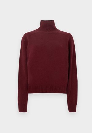 Pulover burgundy cu guler înalt, mâneci lungi, textură tricotată și detalii cu dungi la manșete și margine. Croială clasică, mulată.