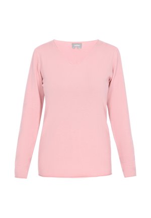 Vaaleanpunainen pitkähihainen V-kaula-aukkopaita, joka on valmistettu pehmeästä ja sileästä kankaasta. Ominaisuuksiin kuuluu yksinkertainen muotoilu ilman kuvioita tai huomattavia yksityiskohtia.