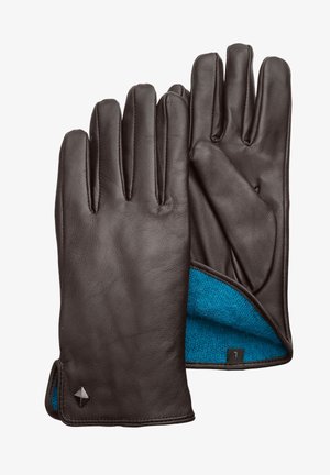 Juodos odinės pirštinės su minkšta mėlyna audinio pamušalu. Yra penki pirštai, elegantiškas dizainas ir maža deimanto akcento detalė prie riešo.