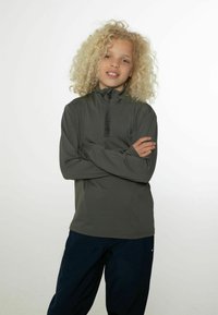Dunkelgrüner Pullover mit langen Ärmeln, halbseitigem Reißverschluss-Kragen und einem Logo auf der Brust. Das Material wirkt glatt und leicht.