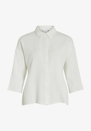 Weißes, knopfbares Hemd aus strukturiertem Stoff mit spitzem Kragen, Dreiviertelärmeln und lockerer Passform. Hat sechs Knöpfe vorne.