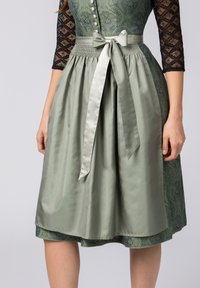 Grünes gemustertes Kleid mit einem A-Linien-Satinrock, der eine Taillenbund und eine Schleifendetail aufweist. Das Oberteil hat ein tailliertes Design mit Knöpfen.