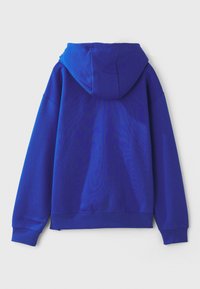 Felpa con cappuccio blu, dotata di un ampio cappuccio, maniche lunghe, polsini e orlo a costine, realizzata in tessuto morbido, priva di motivi o grafiche visibili.